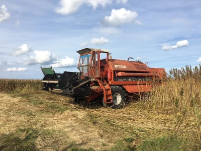 Kombajn Deutz Fahr sa žitnim hederom i adaptacijom za branje konoplje