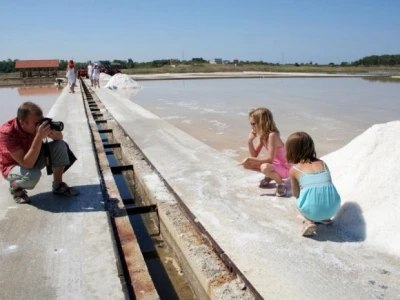 Turistički motiv - djeca i turisti uz bazene i hrpe čiste soli u stonskoj Solani